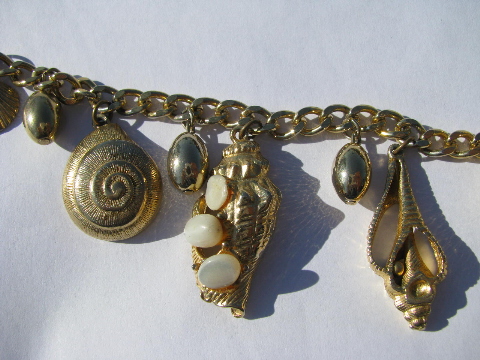 Retro 60s vintage metal charm necklaces, mermaid style, gold tone shells & beads