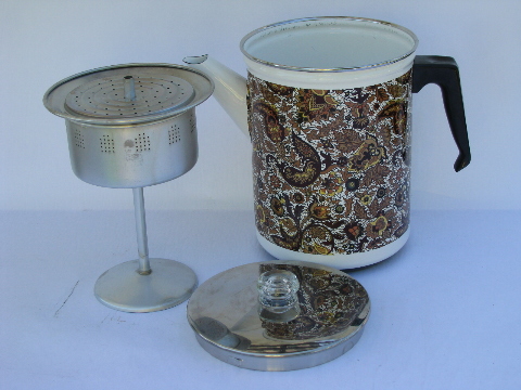 Retro 60s vintage paisley print enamel coffee percolator w/ all metal parts