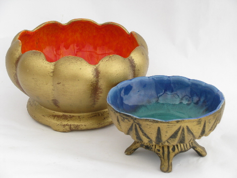 Retro 60s vintage pottery planters, matte gold w/ orange, aqua glaze