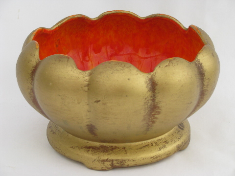 Retro 60s vintage pottery planters, matte gold w/ orange, aqua glaze