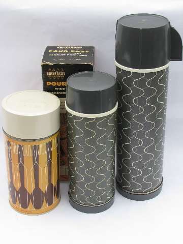 Retro 60s vintage thermos bottles for lunch or picnics, mod prints