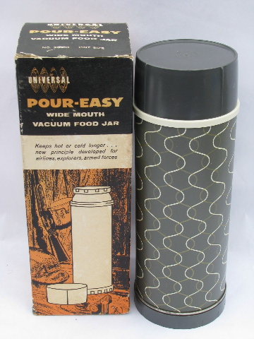 Retro 60s vintage thermos bottles for lunch or picnics, mod prints