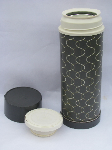 Retro 60s vintage thermos bottles for lunch or picnics, mod prints