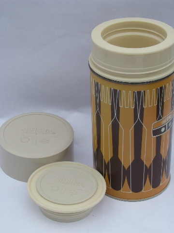 Retro 60s vintage thermos bottles for lunch or picnics, mod prints