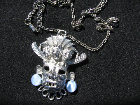 Retro 60s vintage tiki god metal pendant necklace & chain