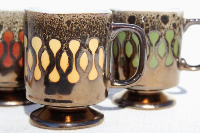 retro 70s ceramic coffee cups, vintage Japan mugs set, bronze brown drip glaze w/ mod pop of color