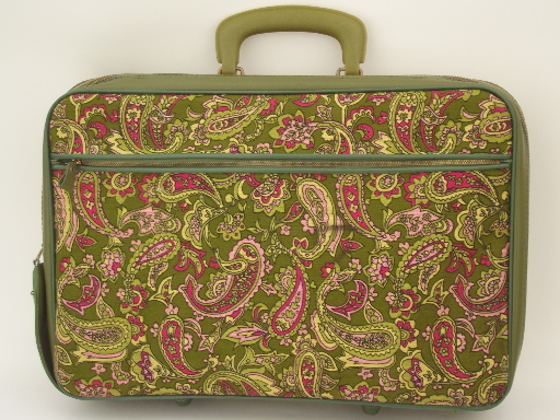 Retro 70s green paisley print suitcase (laptop case size)  & vintage satchel bag