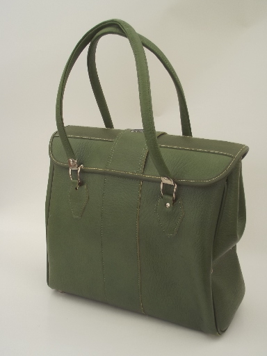 Retro 70s green paisley print suitcase (laptop case size)  & vintage satchel bag