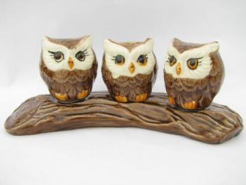 Retro 70s handmade ceramic owl S and P shakers, family of owls on a branch