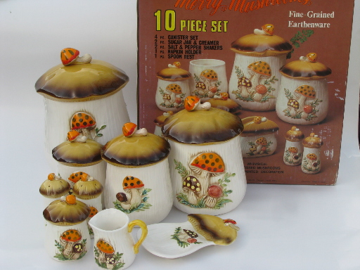 Retro 70s Merry Mushrooms canister and kitchen ware set, vintage Sears box