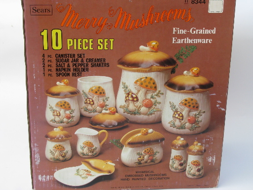 Retro 70s Merry Mushrooms canister and kitchen ware set, vintage Sears box