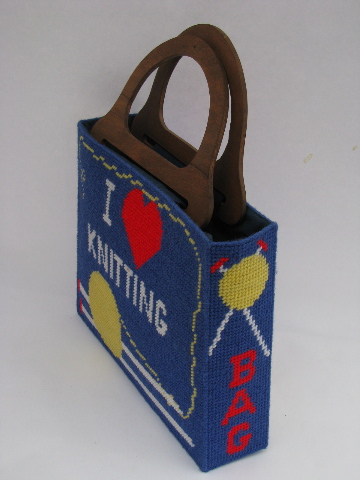 Retro 70s needlework tote bag w/ structured shape, I (heart) Knitting!