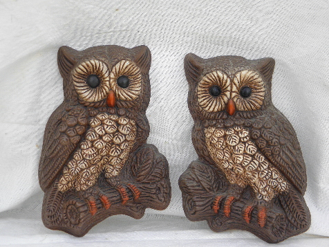 Retro 70s owl wall art plaques, pair of vintage owls