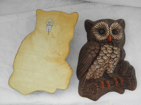 Retro 70s owl wall art plaques, pair of vintage owls