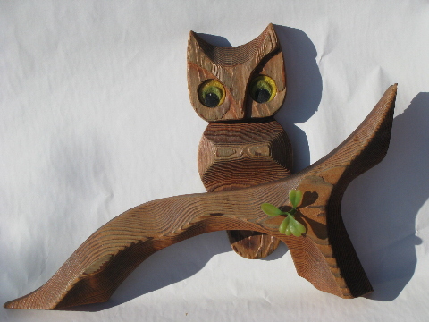Retro 70s owls wall art, vintage hand-carved wood owl plaque