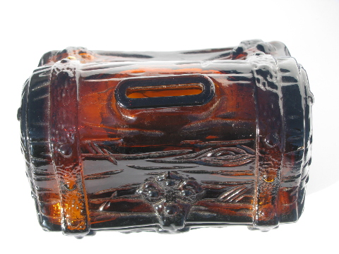 Retro 70s treasure chest coin saving bank, root beer amber brown glass