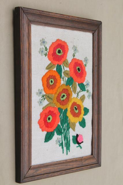 retro 70s vintage crewel yarn embroidery, bright embroidered poppies & snail