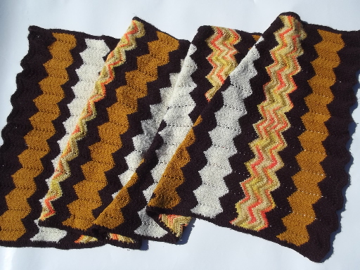 Retro 70s vintage crochet afghan throw blanket, autumn colors for fall