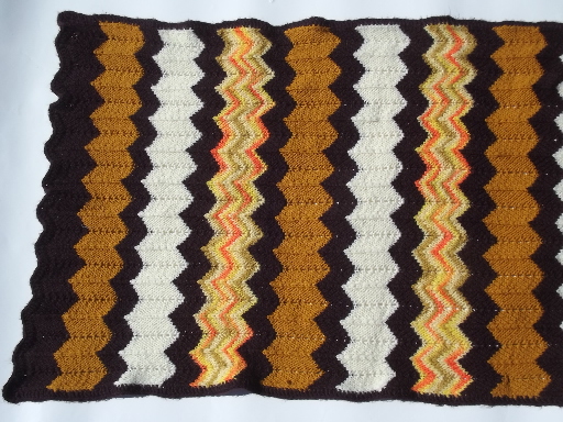 Retro 70s vintage crochet afghan throw blanket, autumn colors for fall