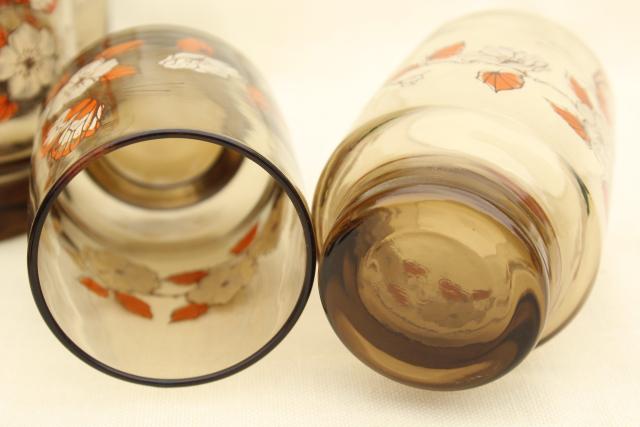 retro 70s vintage drinking glasses, Libbey tawny smoke brown glass w/ orange butterflies