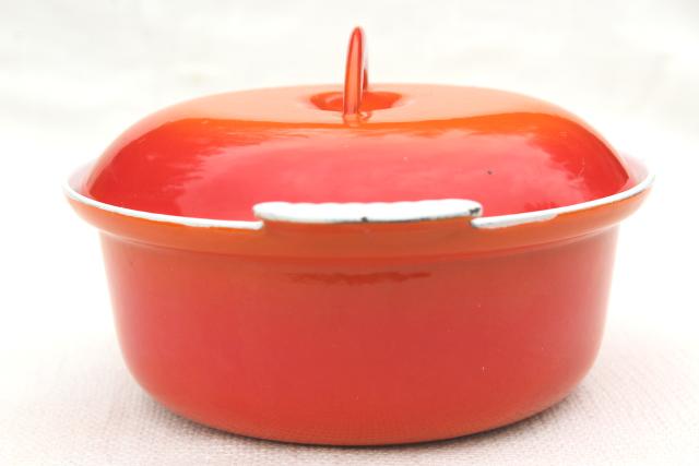 retro 70s vintage flame orange enamel cast iron cassoulet pot & saute pan