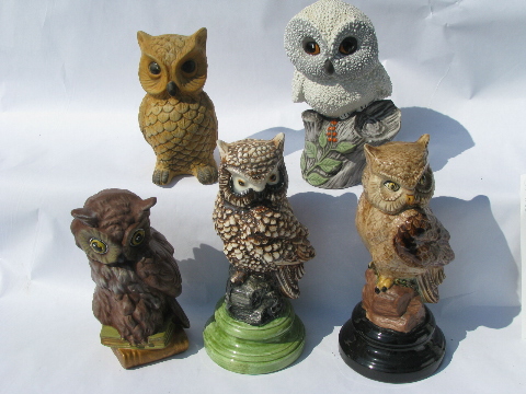 Retro 70s vintage handmade ceramic owls lot, big-eyed snowy owl etc.