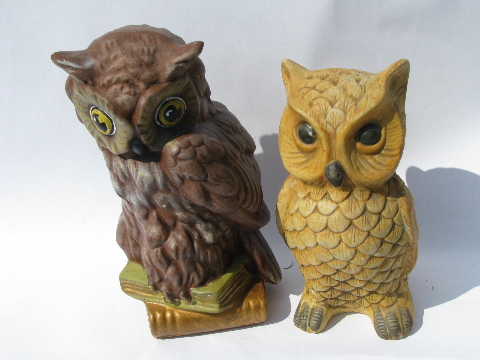 Retro 70s vintage handmade ceramic owls lot, big-eyed snowy owl etc.