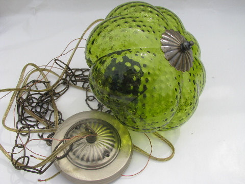 Retro 70s vintage hanging light swag lamp, lime green melon shape glass shade