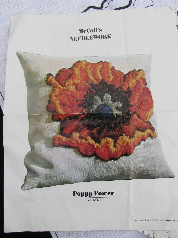 Retro 70s vintage McCall's crewel embroidery needlework kit, Poppy Power flower