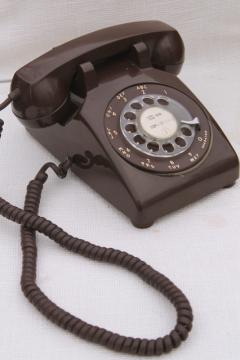 retro 70s vintage rotary dial phone, brown telephone w/ handset receiver & cord 