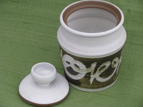 Retro 70s vintage stoneware pottery canister jars, kitchen counter canisters set