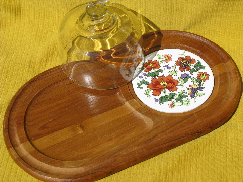Retro 70s vintage teak wood fruit and cheese board, glass dome cover