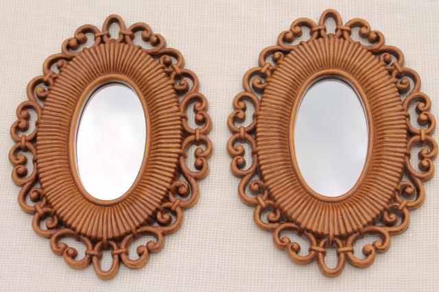 retro 70s vintage wall decor, Homco Burwood plastic bentwood frames w/ pair of small mirrors