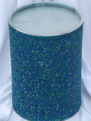 Retro 70s wastebasket, popcorn textured plastic in bright blue and green
