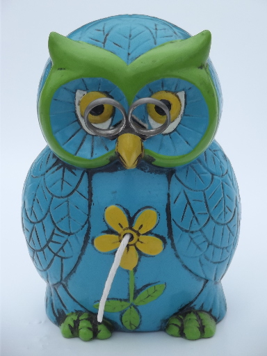 Retro 70s wise owl w/ glasses string & scissors holder, for desk or kitchen