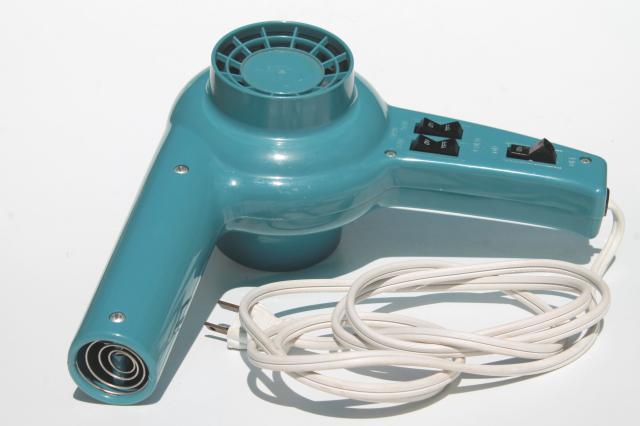 retro 80s 90s vintage blue plastic hair dryer, handheld blow drier