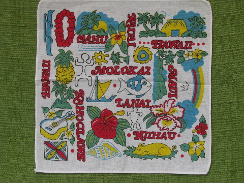 Retro 80s Hawaiian souvenir hankies, Hawaii tropical print cotton