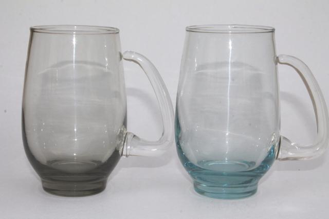 retro Libbey beer glasses, tankard mugs set in tinted colored glass, mod vintage