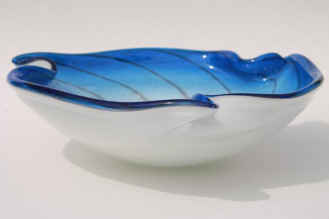 retro Murano art glass bowl, snow white milk glass w/ cobalt blue & gold