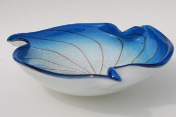 retro Murano art glass bowl, snow white milk glass w/ cobalt blue & gold