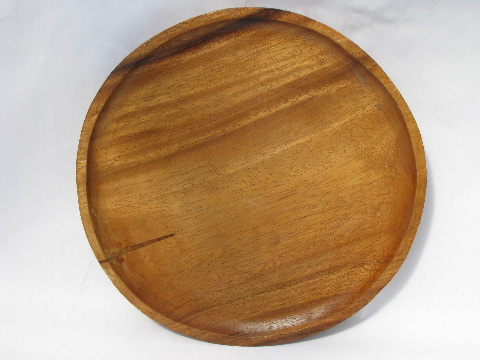 Retro acacia wood tray, large round carved wooden serving plate