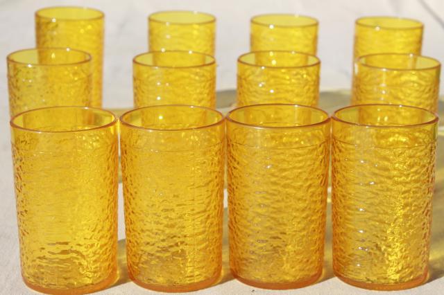 retro amber yellow crinkle ice textured plastic restaurant drinking glasses, unbreakable tumblers