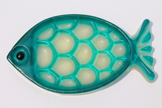 Retro aqua lucite plastic fish soap dish, mid-century mod vintage bathroom decor