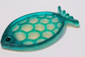 Retro aqua lucite plastic fish soap dish, mid-century mod vintage bathroom decor