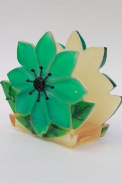 retro aqua plastic flower letter rack or napkin holder, vintage lucite clear resin