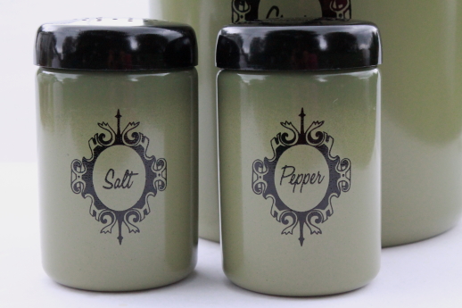 Retro avocado green metal kitchen range set, grease canister jar, S&P shaker tins