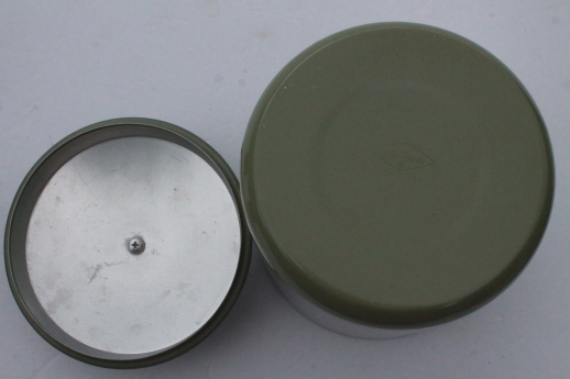 Retro avocado green metal kitchen range set, grease canister jar, S&P shaker tins