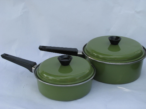 Retro avocado green pots & pans, 60s vintage stainless steel cookware, Japan