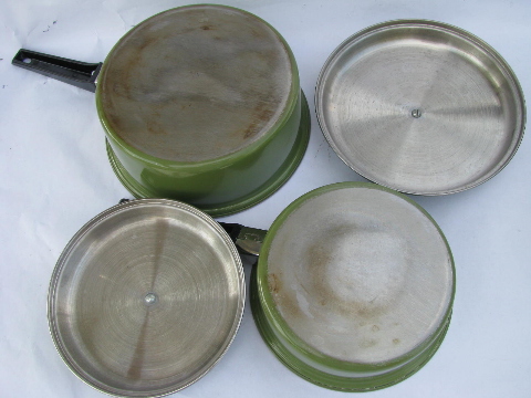 Retro avocado green pots & pans, 60s vintage stainless steel cookware, Japan