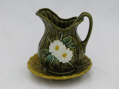 Retro bamboo pattern ceramic wash pitcher & bowl set, vintage Japan